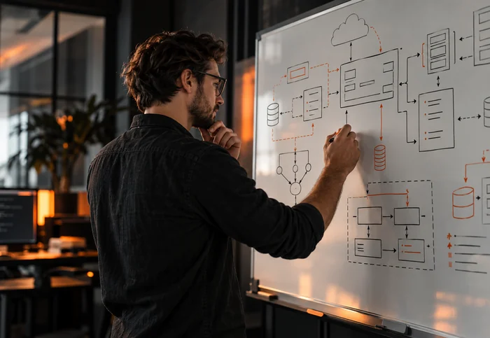 Developer planning software architecture and system workflows