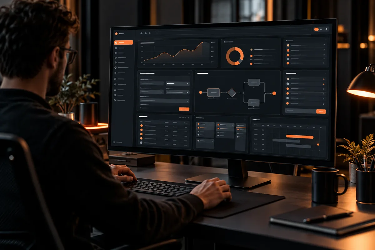 Custom business web application being designed at a professional developer workspace